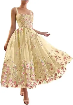 Tulle Floral Prom Dresses for Women Puffy Flower Lace Evening Party Gowns Spaghetti Straps Midi Dress with Pocket