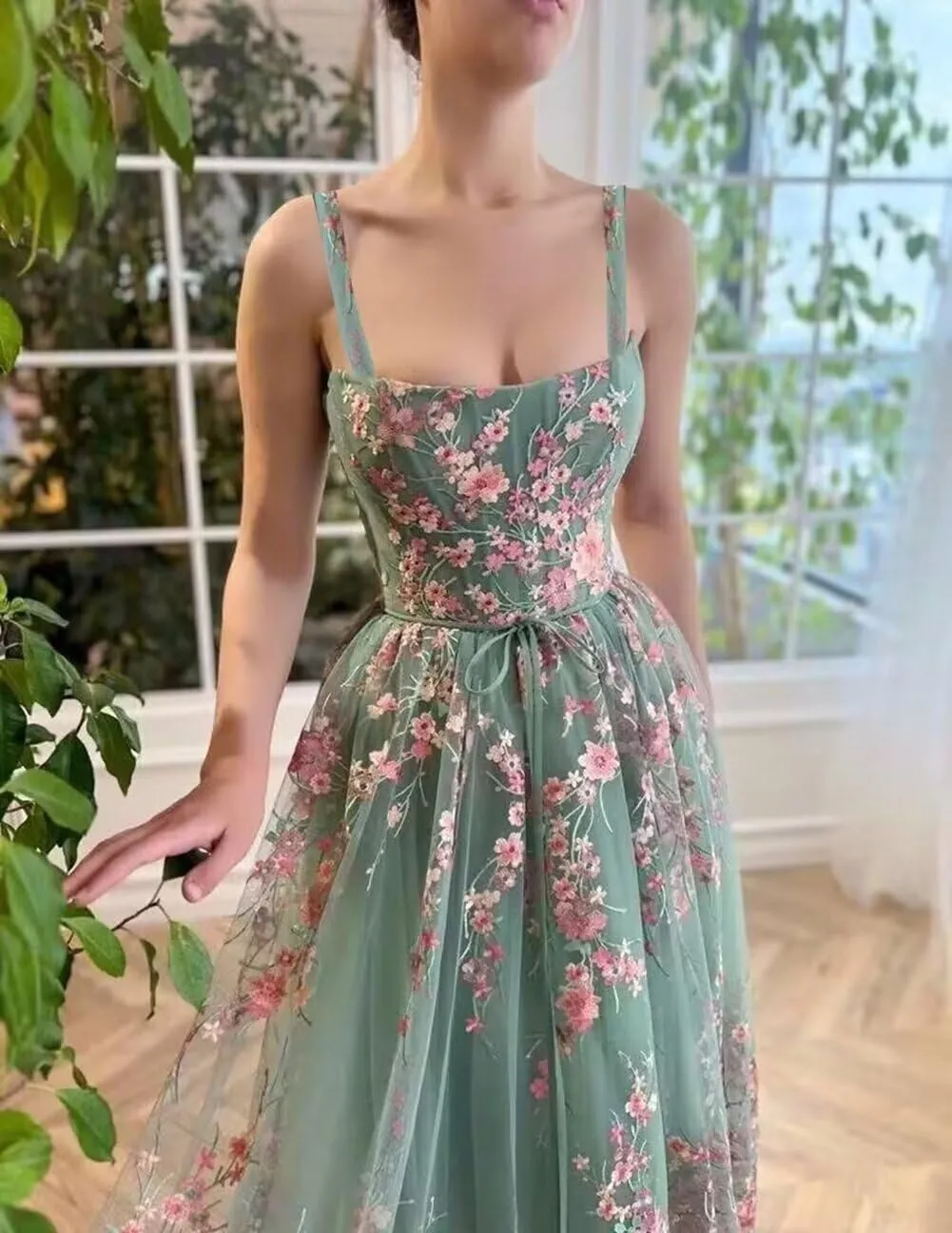 Tulle Floral Prom Dresses for Women Puffy Flower Lace Evening Party Gowns Spaghetti Straps Midi Dress with Pocket