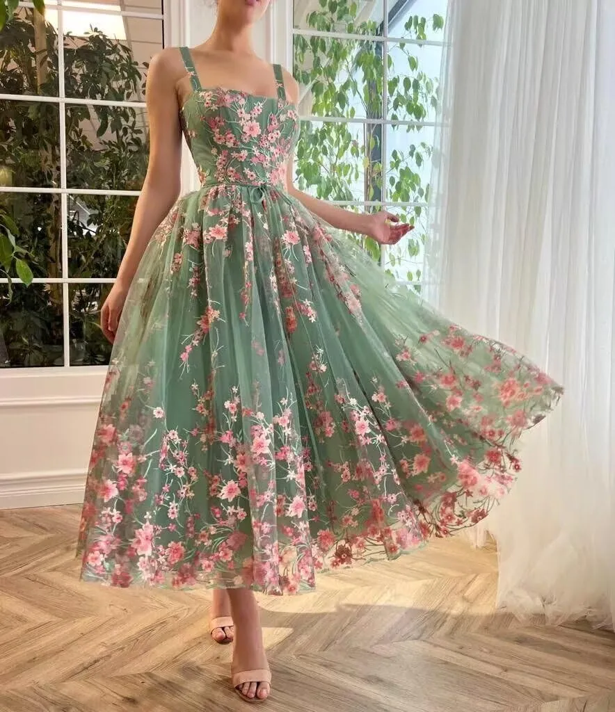 Tulle Floral Prom Dresses for Women Puffy Flower Lace Evening Party Gowns Spaghetti Straps Midi Dress with Pocket