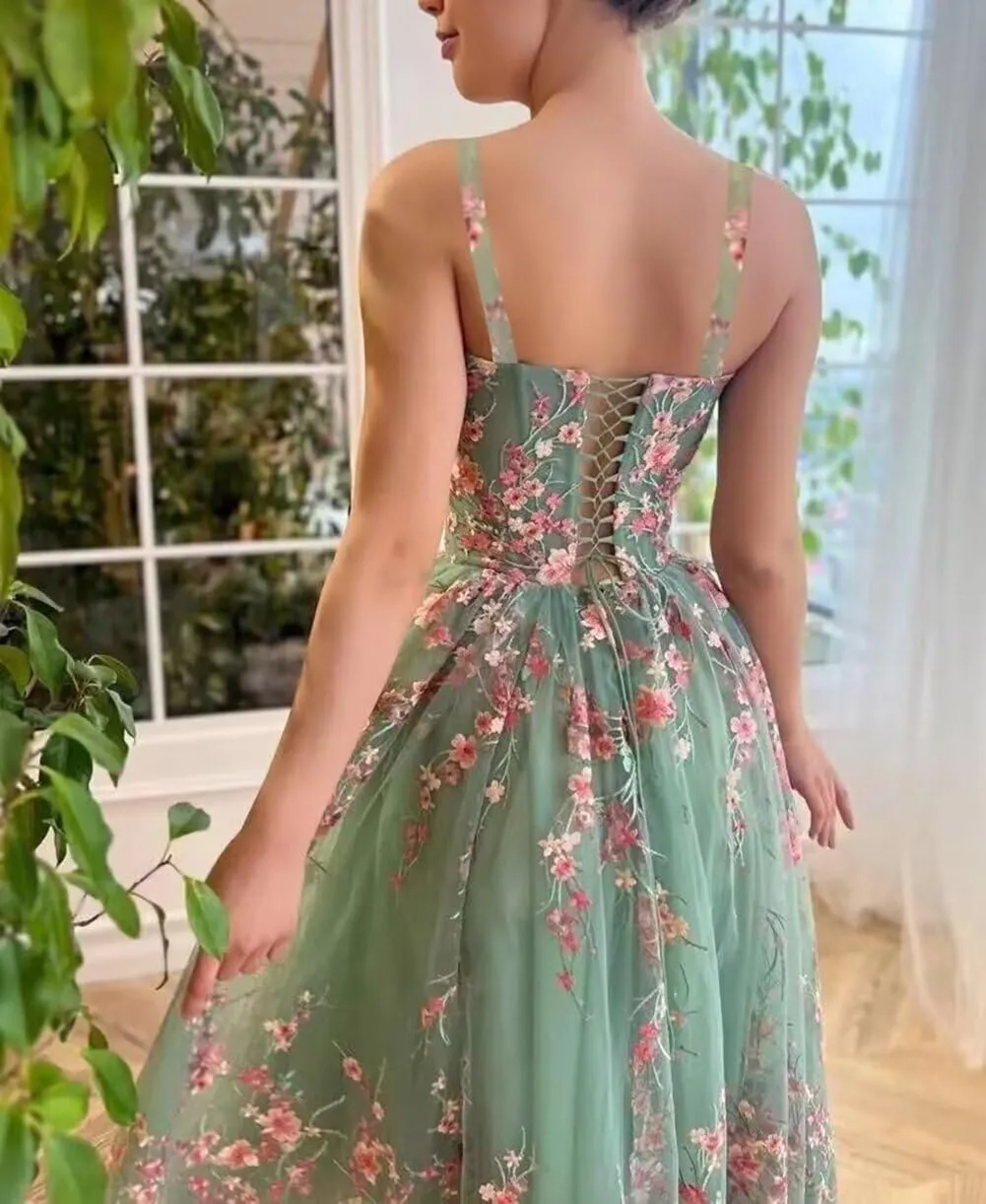 Tulle Floral Prom Dresses for Women Puffy Flower Lace Evening Party Gowns Spaghetti Straps Midi Dress with Pocket