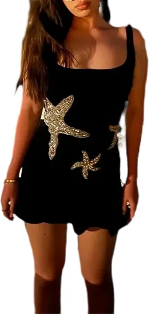 UAURORAO Women Starfish Mini Dress Sleeveless Sequin Star Fish Bodycon Knit Dress Sexy Glitter Party Beach Sundress