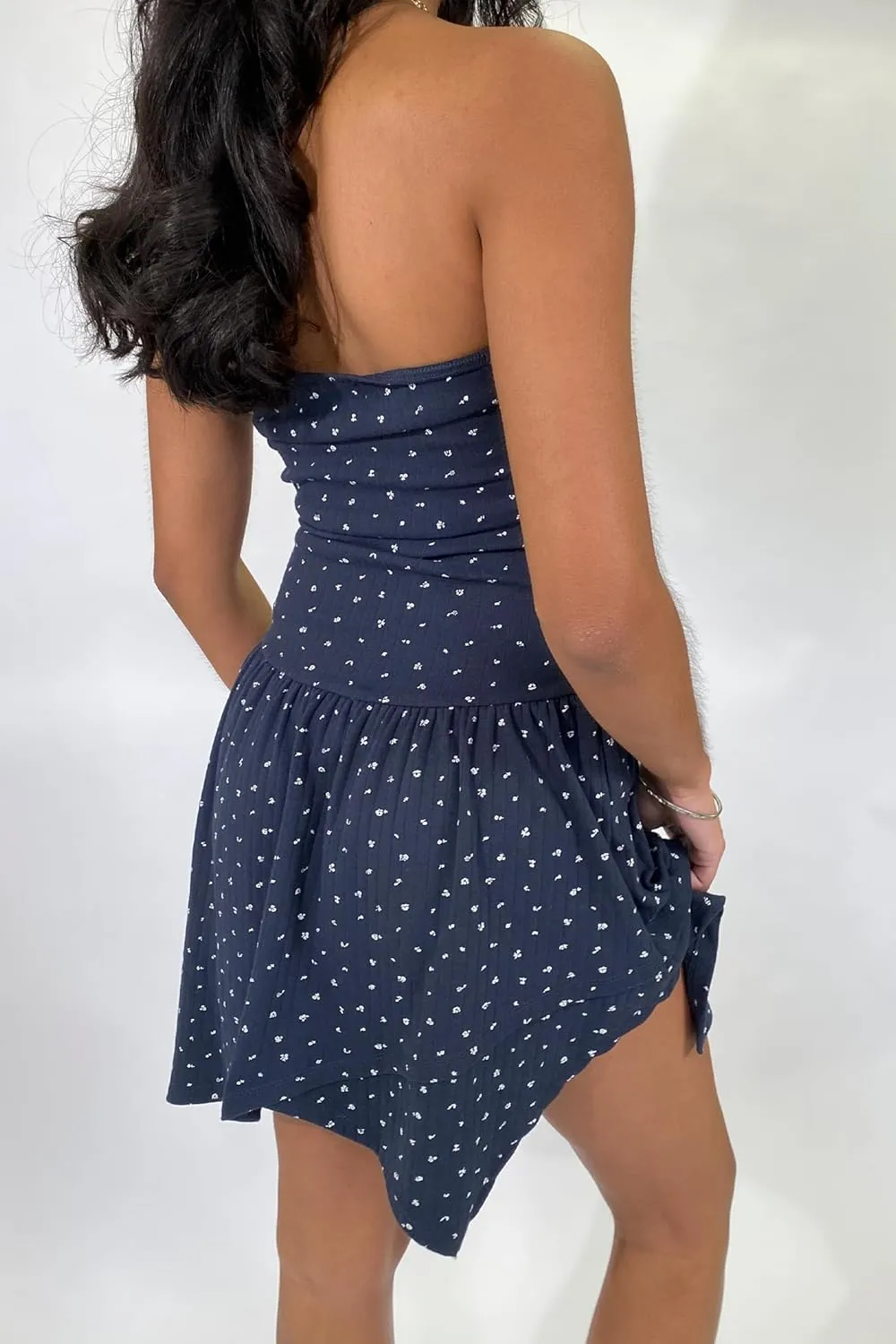 UAURORAO Women Strapless Ruched Mini Dress Asymmetrical Ruffle Polka Dot Tube Dress Ribbed Floral A Line Sundress