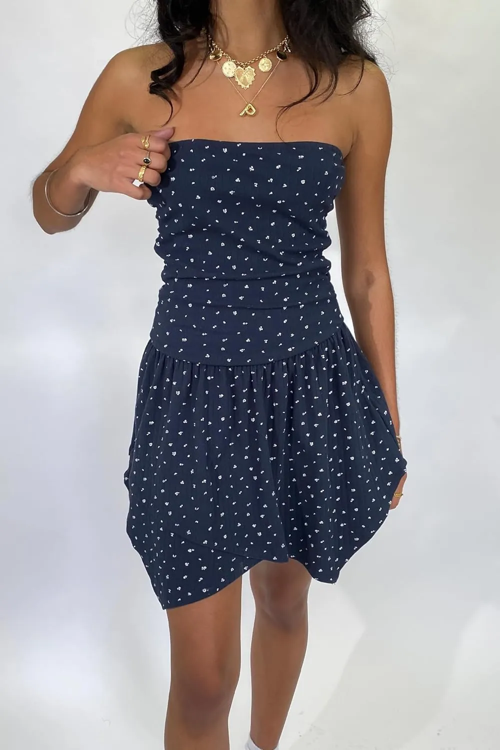UAURORAO Women Strapless Ruched Mini Dress Asymmetrical Ruffle Polka Dot Tube Dress Ribbed Floral A Line Sundress