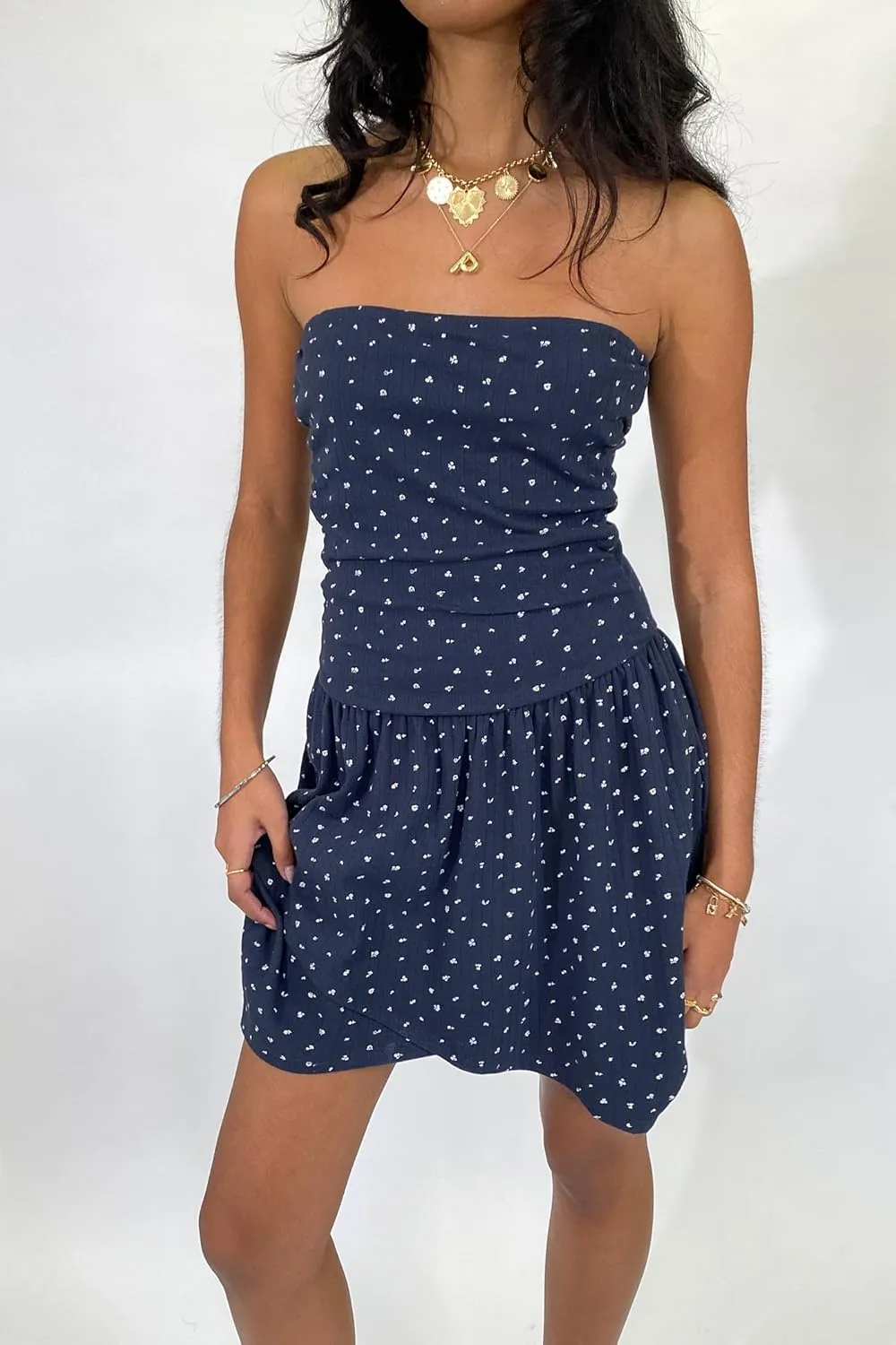 UAURORAO Women Strapless Ruched Mini Dress Asymmetrical Ruffle Polka Dot Tube Dress Ribbed Floral A Line Sundress