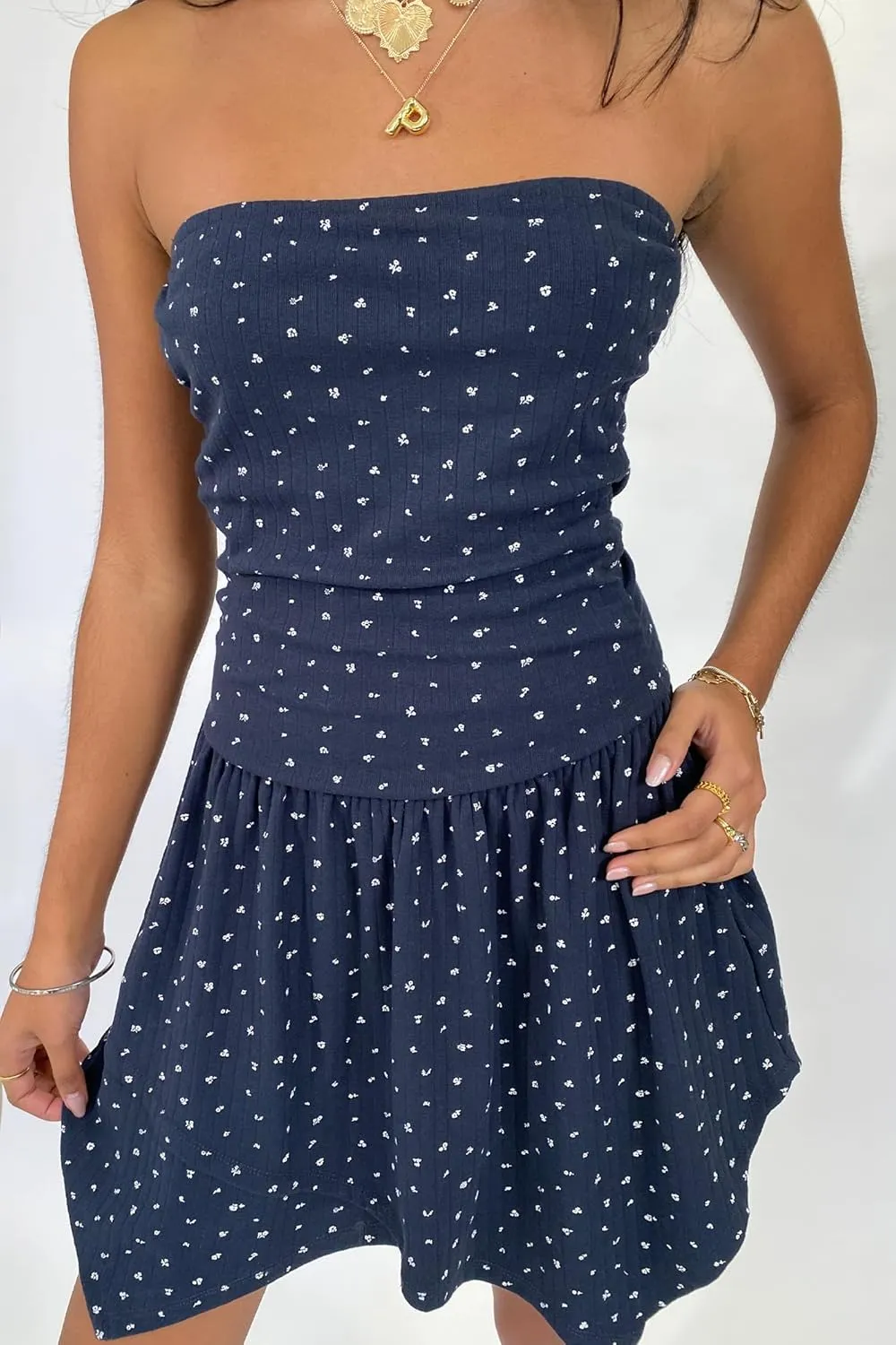 UAURORAO Women Strapless Ruched Mini Dress Asymmetrical Ruffle Polka Dot Tube Dress Ribbed Floral A Line Sundress
