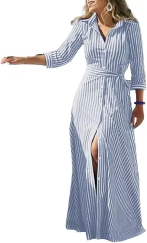 utcoco Women's 2025 Spring Summer Casual Striped Maxi Dress Button Down Linen Shirt Dress with Belt