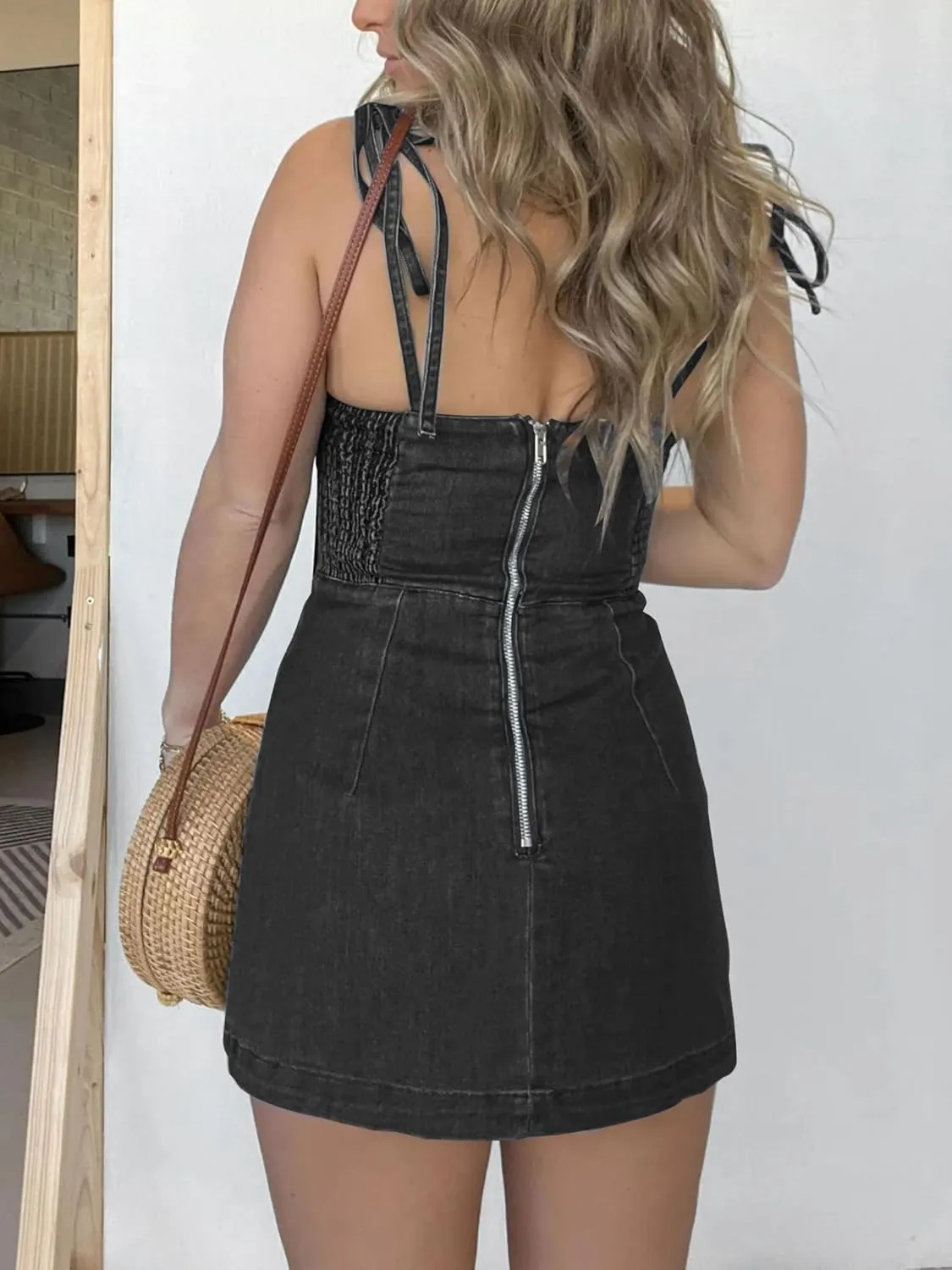 utcoco Women's 2025 Summer Tie Shoulder Denim Mini Dress Sleeveless Side Slit Bodycon Short Jean Dress