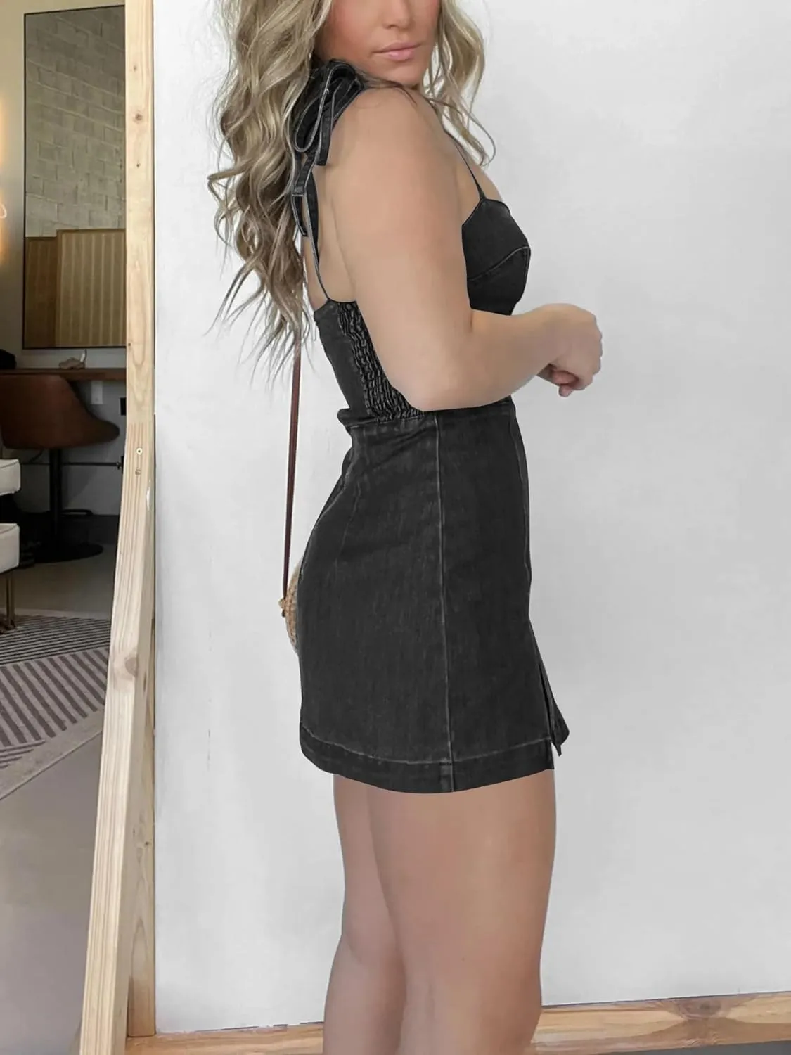 utcoco Women's 2025 Summer Tie Shoulder Denim Mini Dress Sleeveless Side Slit Bodycon Short Jean Dress