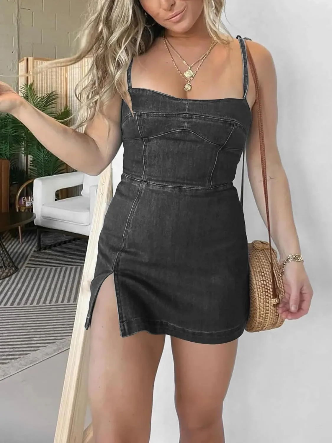 utcoco Women's 2025 Summer Tie Shoulder Denim Mini Dress Sleeveless Side Slit Bodycon Short Jean Dress