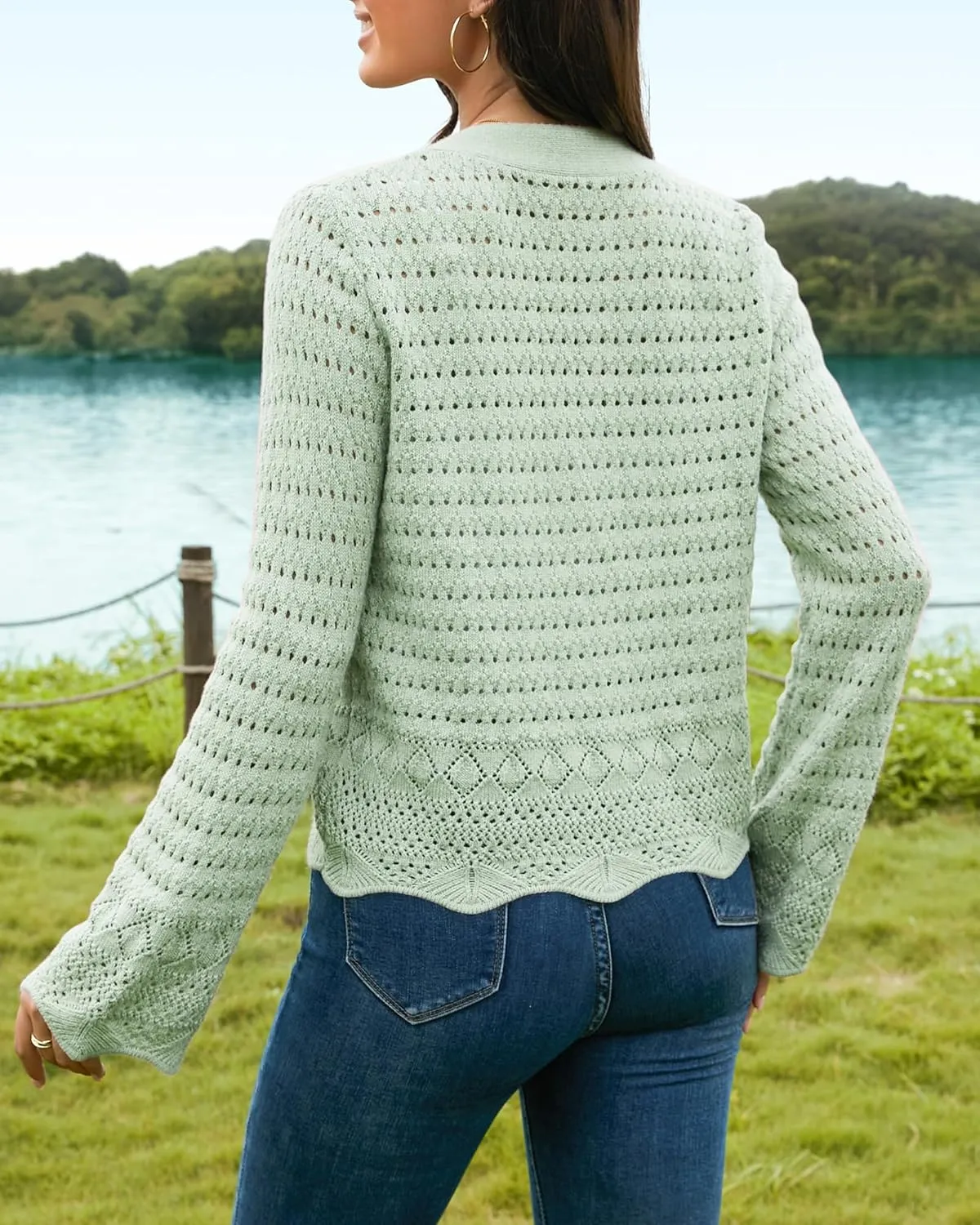 V FOR CITY Womens Cropped Cardigan Sweaters Bell Sleeve Crochet Cardigans Knit Bolero Shrug V Neck Open Front Sweater