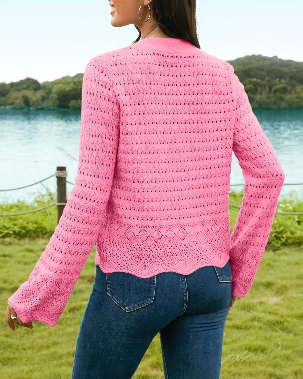 V FOR CITY Womens Cropped Cardigan Sweaters Bell Sleeve Crochet Cardigans Knit Bolero Shrug V Neck Open Front Sweater