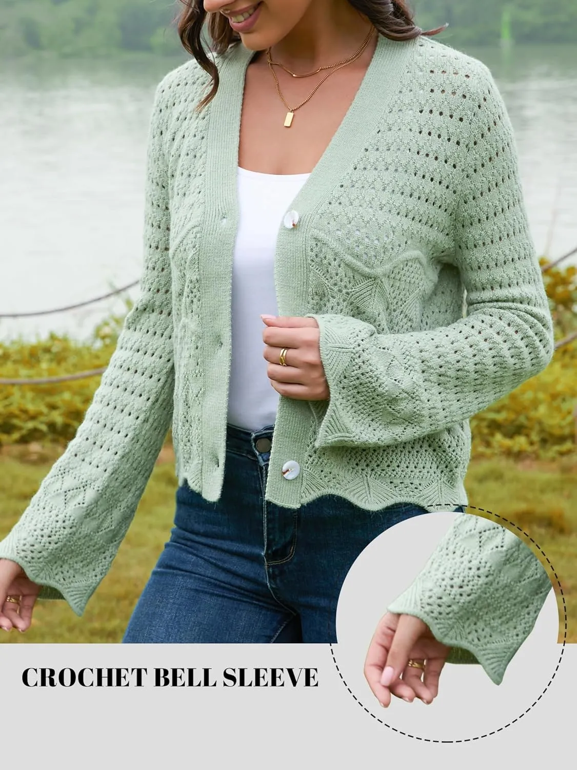 V FOR CITY Womens Cropped Cardigan Sweaters Bell Sleeve Crochet Cardigans Knit Bolero Shrug V Neck Open Front Sweater