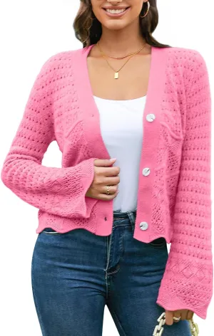 V FOR CITY Womens Cropped Cardigan Sweaters Bell Sleeve Crochet Cardigans Knit Bolero Shrug V Neck Open Front Sweater