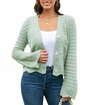 V FOR CITY Womens Cropped Cardigan Sweaters Bell Sleeve Crochet Cardigans Knit Bolero Shrug V Neck Open Front Sweater