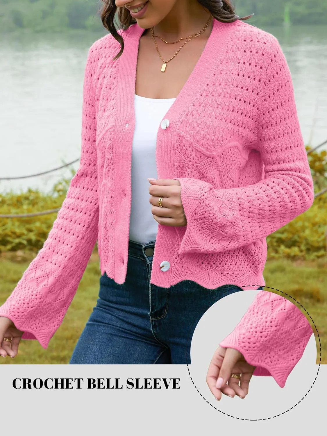 V FOR CITY Womens Cropped Cardigan Sweaters Bell Sleeve Crochet Cardigans Knit Bolero Shrug V Neck Open Front Sweater