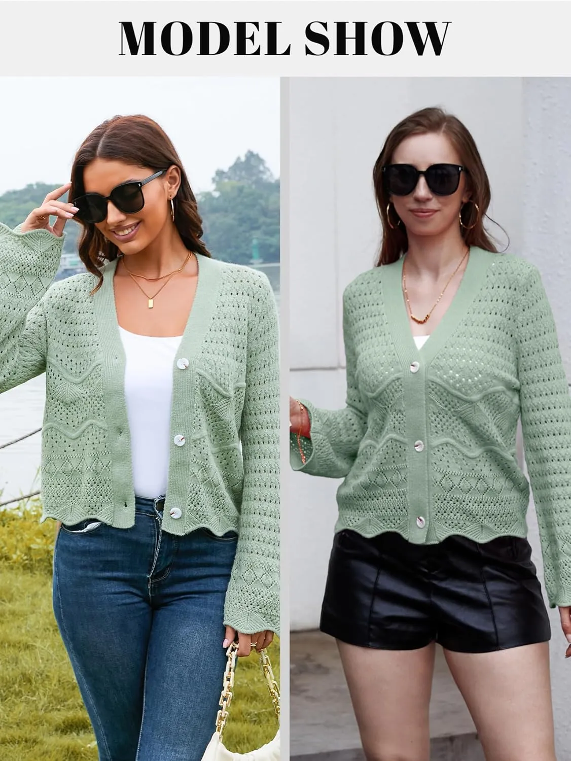 V FOR CITY Womens Cropped Cardigan Sweaters Bell Sleeve Crochet Cardigans Knit Bolero Shrug V Neck Open Front Sweater