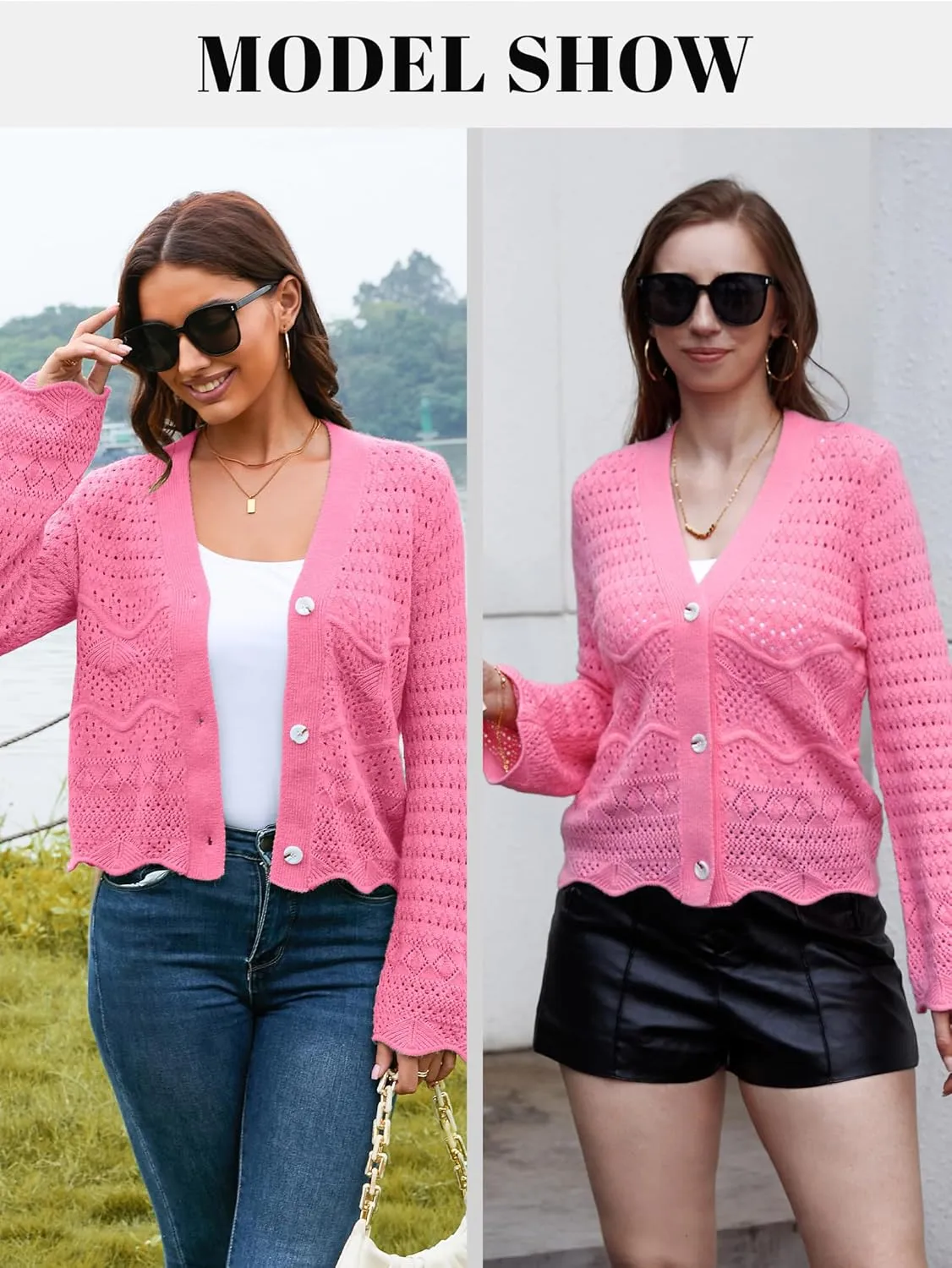 V FOR CITY Womens Cropped Cardigan Sweaters Bell Sleeve Crochet Cardigans Knit Bolero Shrug V Neck Open Front Sweater