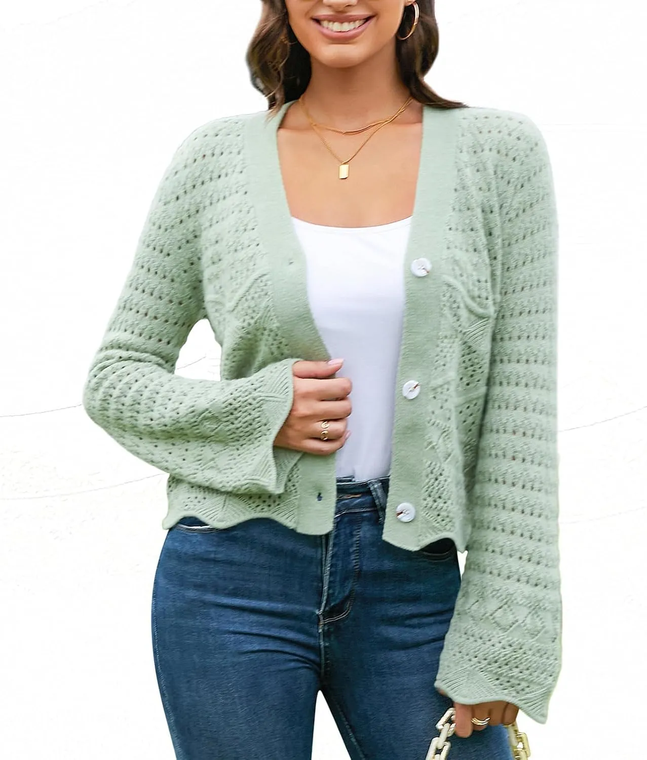 V FOR CITY Womens Cropped Cardigan Sweaters Bell Sleeve Crochet Cardigans Knit Bolero Shrug V Neck Open Front Sweater