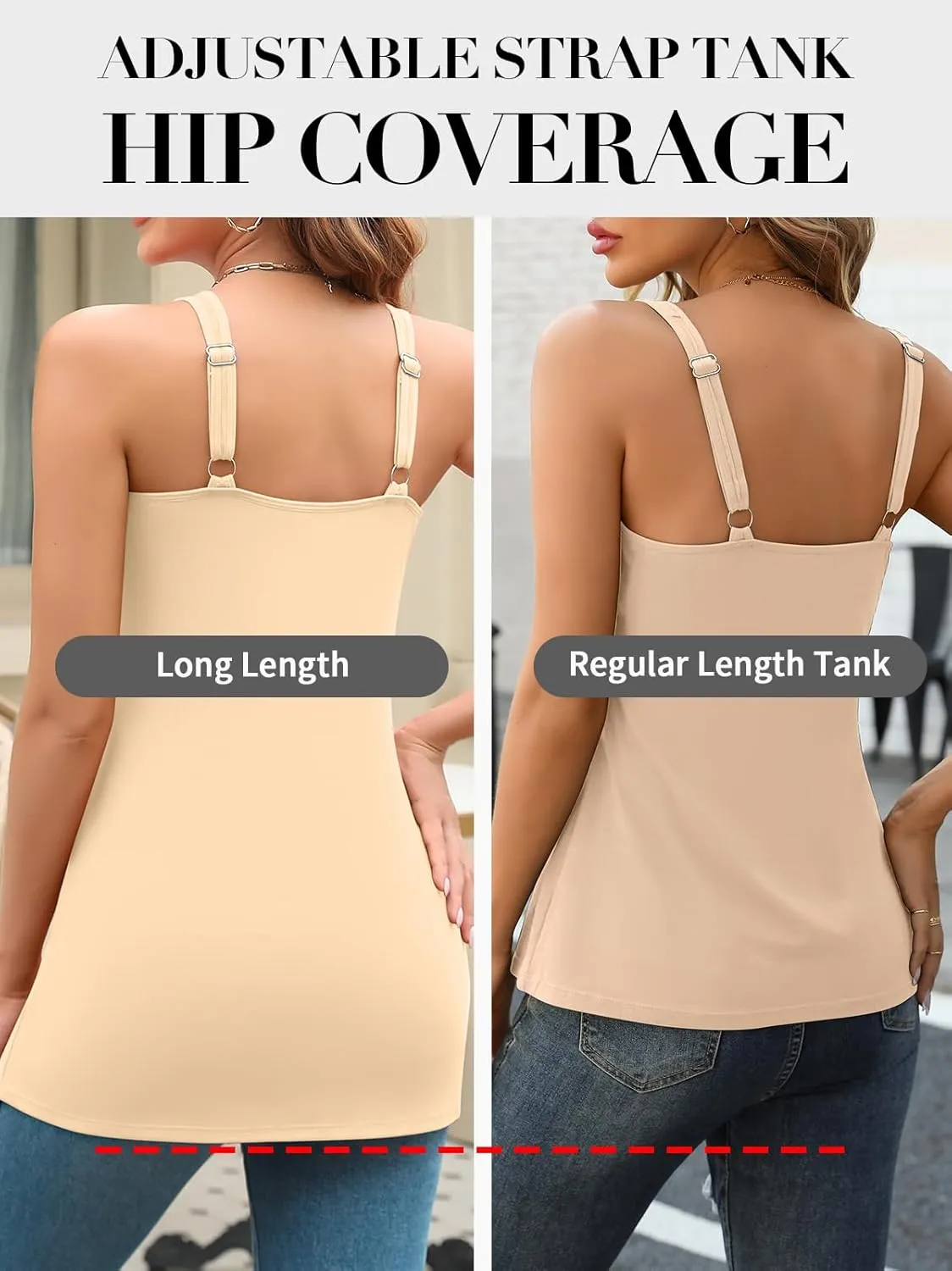 V FOR CITY Women's Long Tank Top with Built in Bras Square Neck Adjustable Wide Strap Camisole Summer Cotton Undershirts