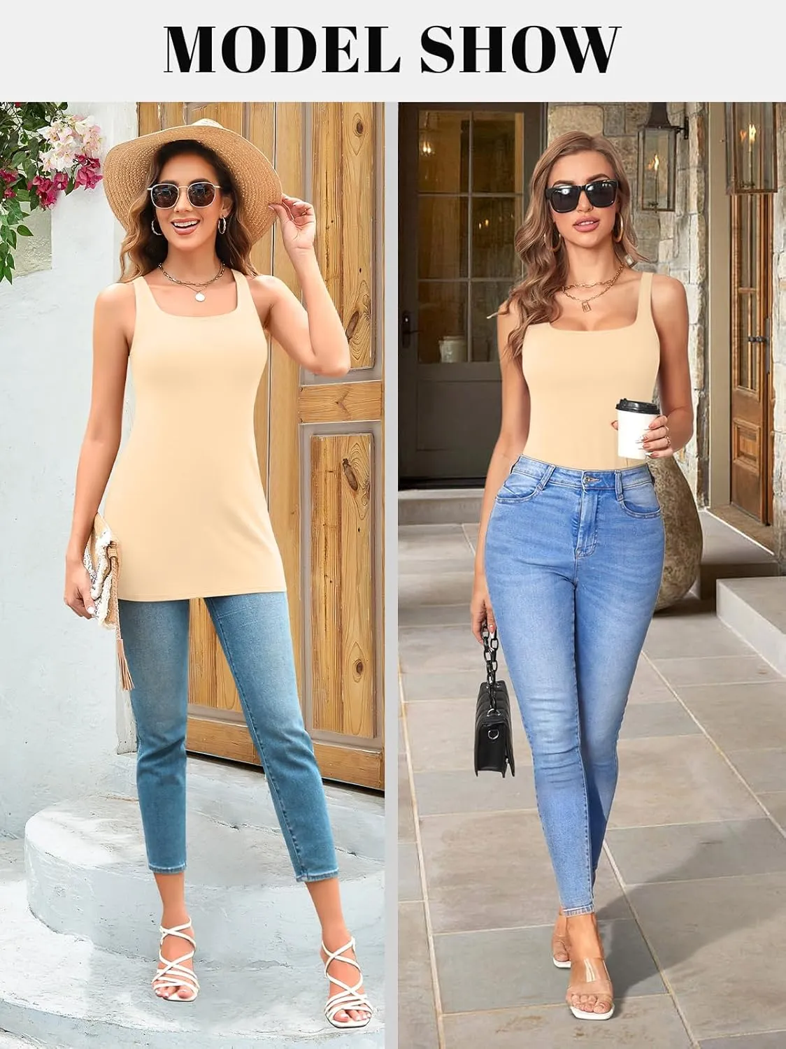 V FOR CITY Women's Long Tank Top with Built in Bras Square Neck Adjustable Wide Strap Camisole Summer Cotton Undershirts