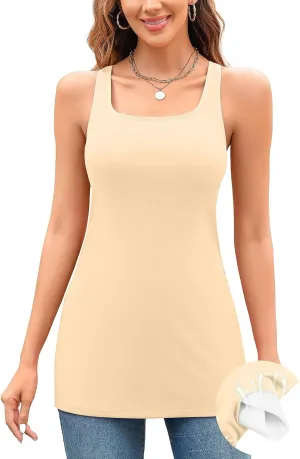 V FOR CITY Women's Long Tank Top with Built in Bras Square Neck Adjustable Wide Strap Camisole Summer Cotton Undershirts