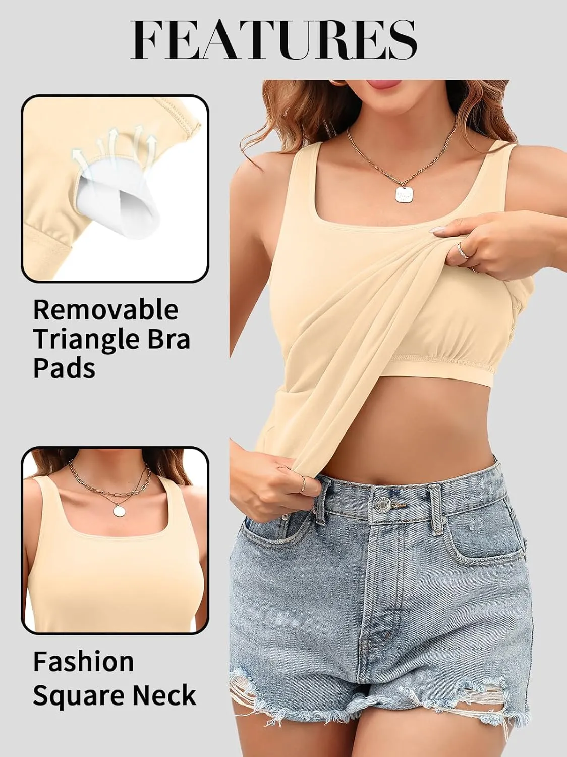 V FOR CITY Women's Long Tank Top with Built in Bras Square Neck Adjustable Wide Strap Camisole Summer Cotton Undershirts