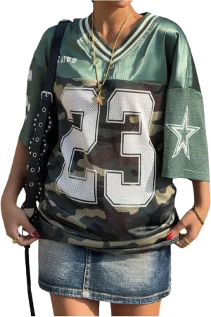 Verdusa Women's Jersey Shirt Baggy Shirt Oversized Tshirts Leopard Print V Neck Tshirt Sumer Tops
