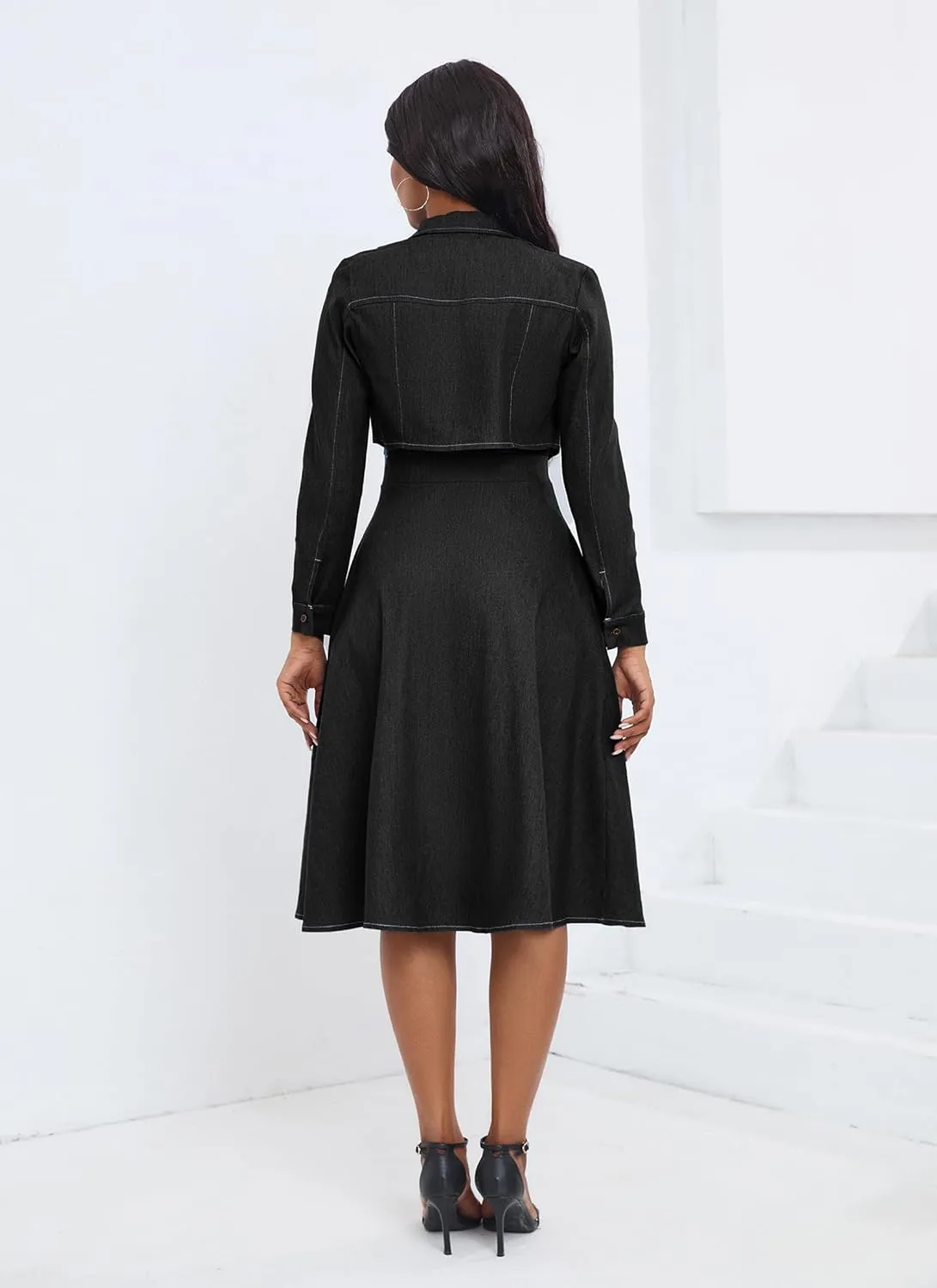 VERWIN Two Pieces Denim Dress with Jackets Midi Dress Button Down Party Long Sleeve Shirt Dress Outfits