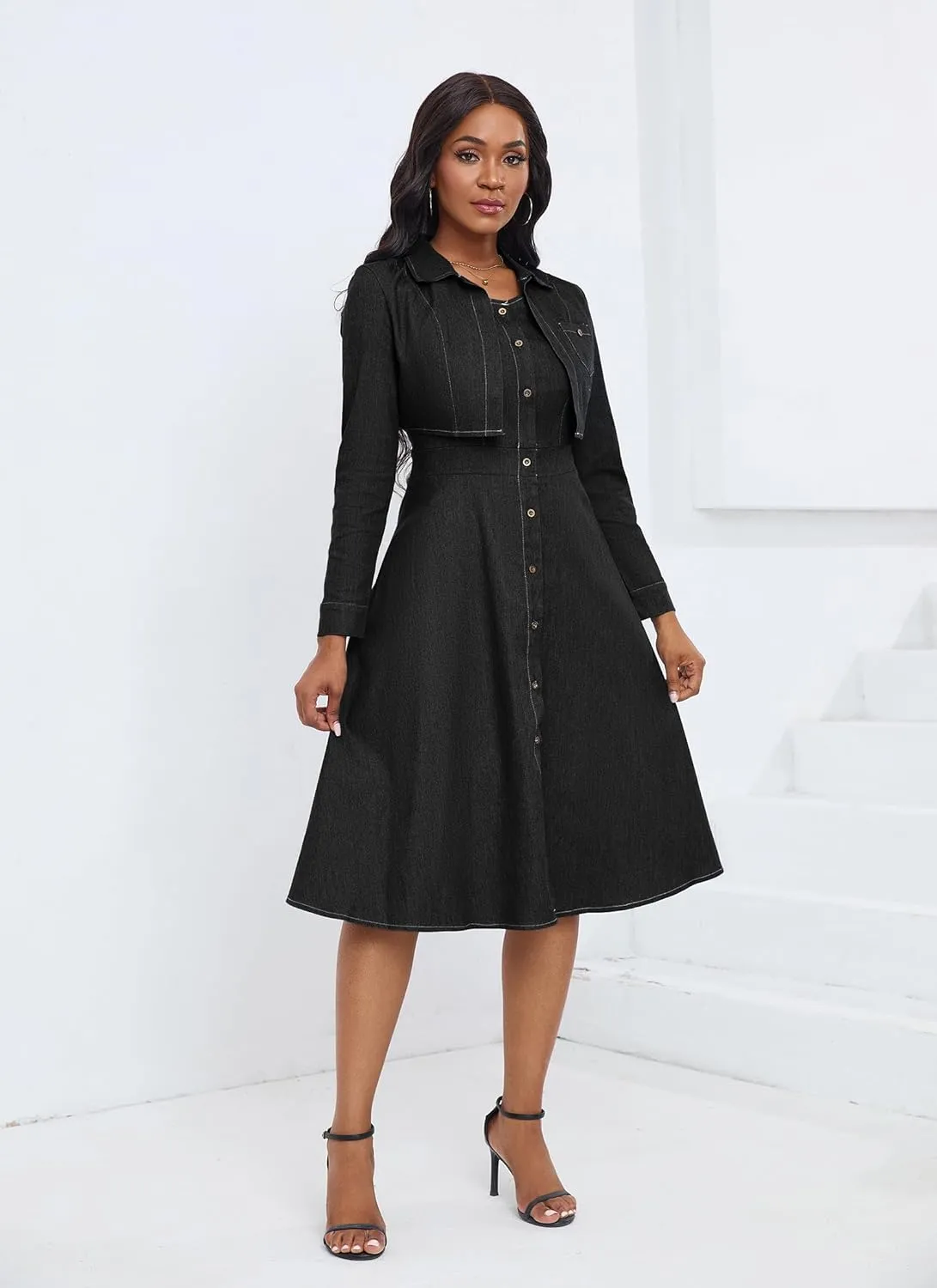 VERWIN Two Pieces Denim Dress with Jackets Midi Dress Button Down Party Long Sleeve Shirt Dress Outfits