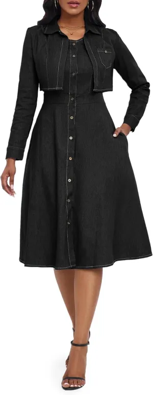 VERWIN Two Pieces Denim Dress with Jackets Midi Dress Button Down Party Long Sleeve Shirt Dress Outfits