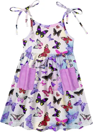 Vieille Toddler Girls Summer Sling Dress Tie Straps Sleeveless Casual Beach Sundress with Pockets 2-6 Years