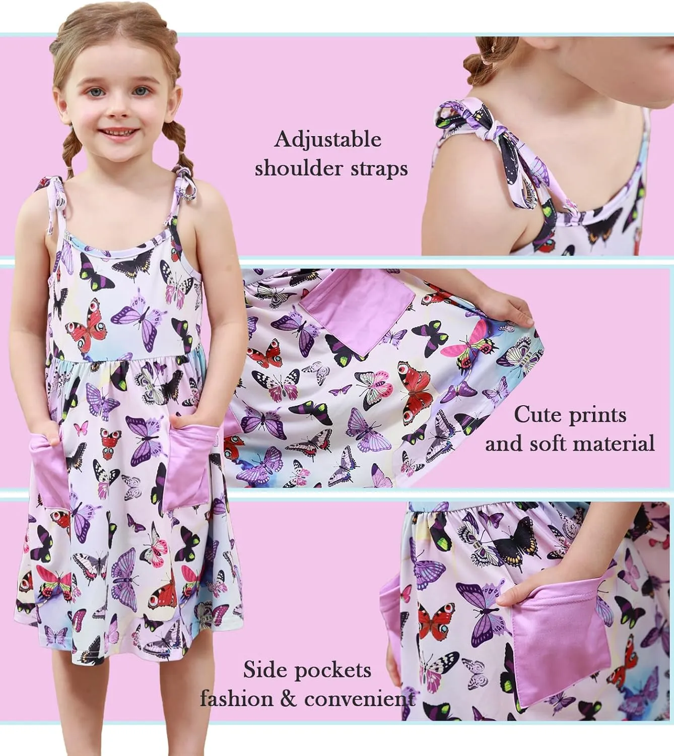 Vieille Toddler Girls Summer Sling Dress Tie Straps Sleeveless Casual Beach Sundress with Pockets 2-6 Years