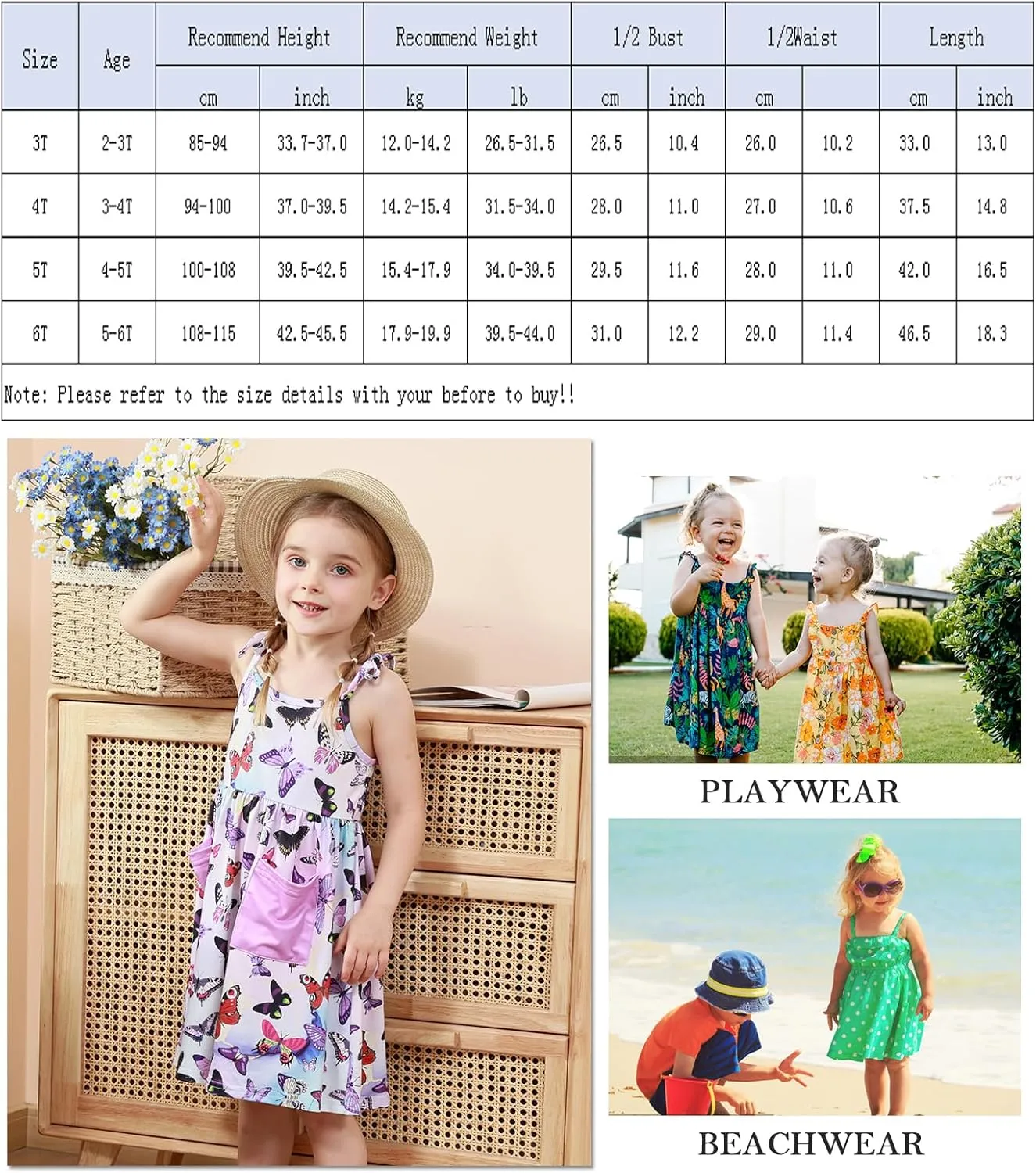 Vieille Toddler Girls Summer Sling Dress Tie Straps Sleeveless Casual Beach Sundress with Pockets 2-6 Years