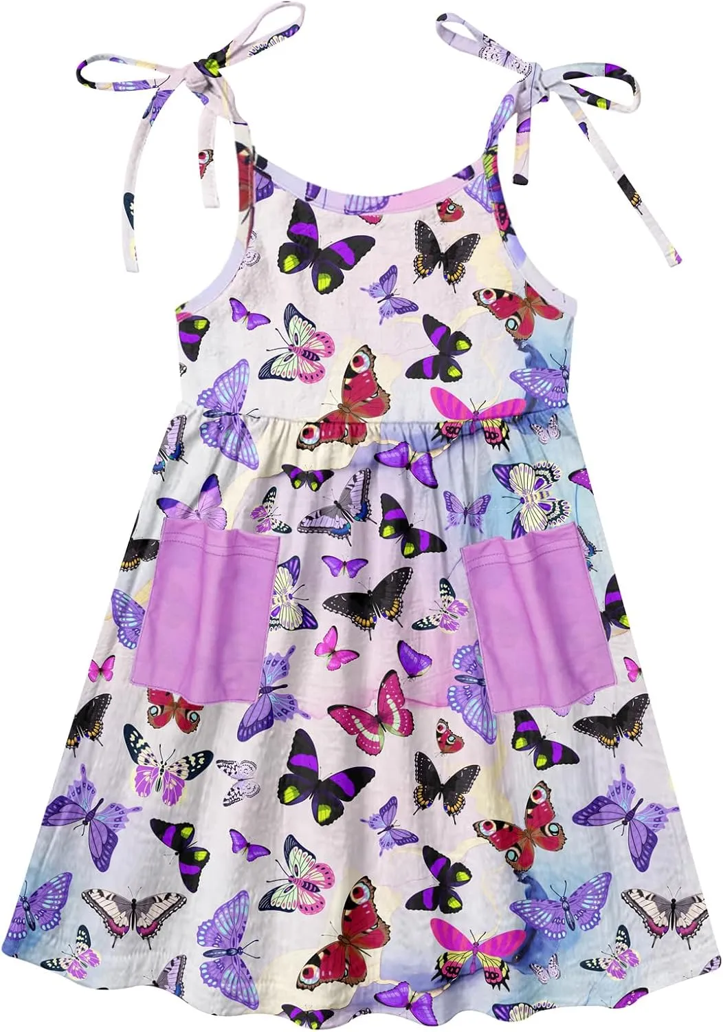 Vieille Toddler Girls Summer Sling Dress Tie Straps Sleeveless Casual Beach Sundress with Pockets 2-6 Years