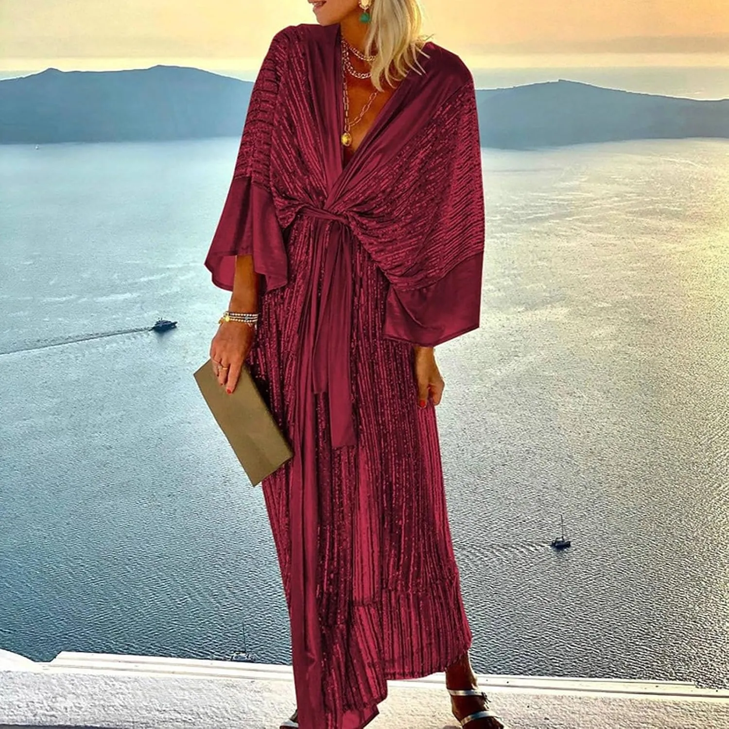 Vintage Sequin Kimono Robe Women Batwing Sleeves Belted Open Front Cardigan Dress Wedding Bridesmaid Long Bath Robe