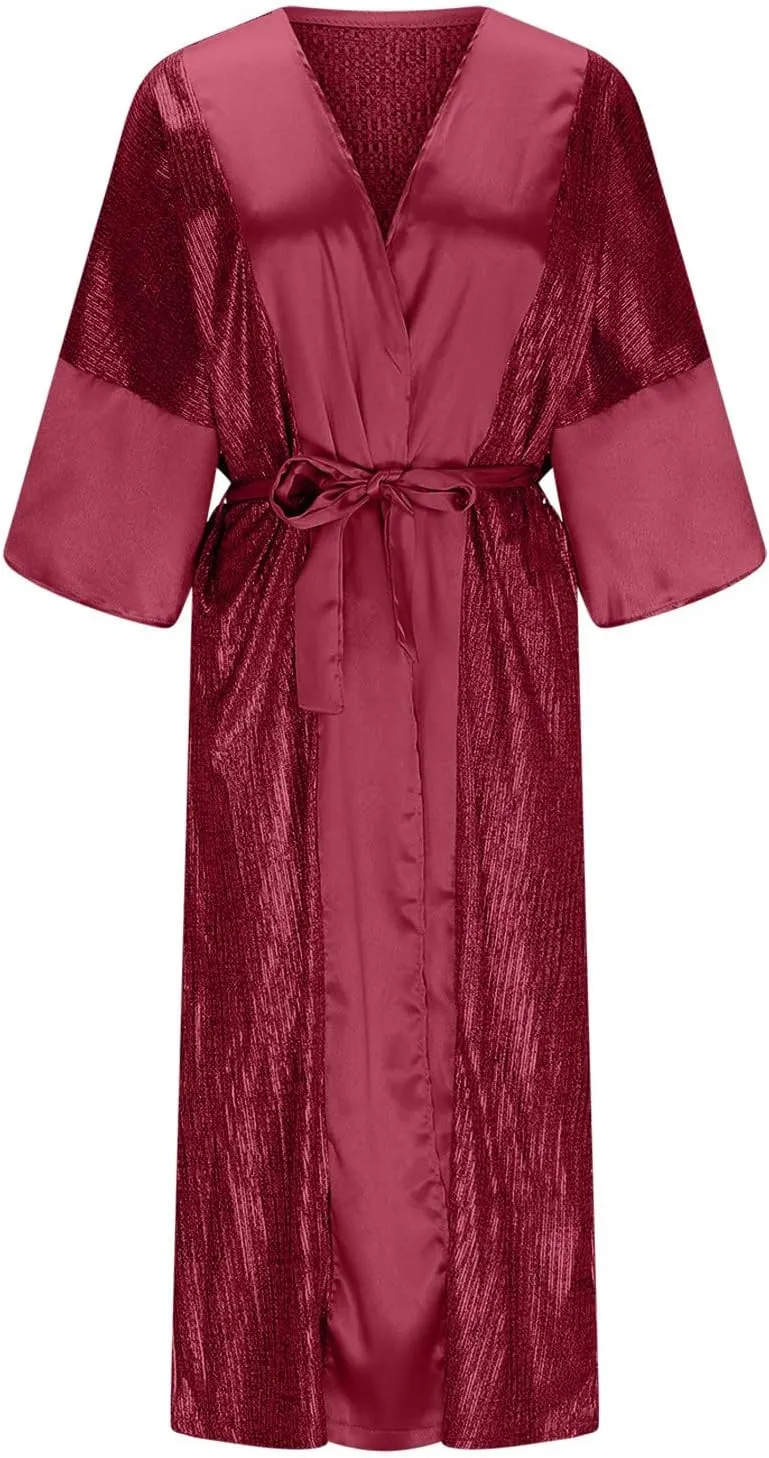 Vintage Sequin Kimono Robe Women Batwing Sleeves Belted Open Front Cardigan Dress Wedding Bridesmaid Long Bath Robe