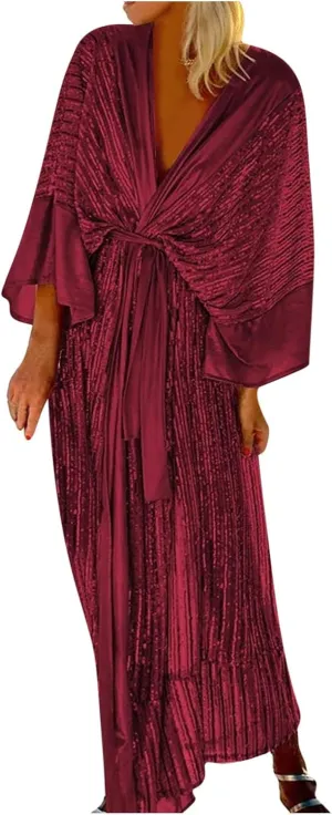Vintage Sequin Kimono Robe Women Batwing Sleeves Belted Open Front Cardigan Dress Wedding Bridesmaid Long Bath Robe