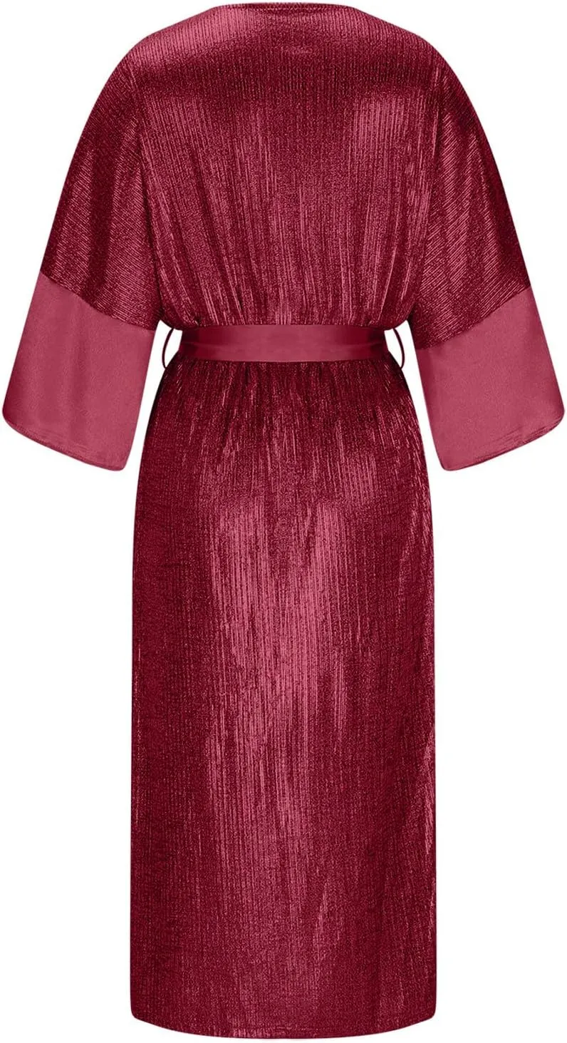 Vintage Sequin Kimono Robe Women Batwing Sleeves Belted Open Front Cardigan Dress Wedding Bridesmaid Long Bath Robe