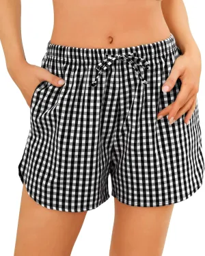 Vlazom Women's Sleep Shorts Cute Plaid Pajamas Shorts Soft Elastic Pajama Bottoms Boxer Shorts Sleepwear S-XXL