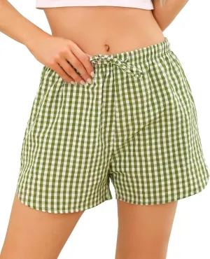 Vlazom Women's Sleep Shorts Cute Plaid Pajamas Shorts Soft Elastic Pajama Bottoms Boxer Shorts Sleepwear S-XXL
