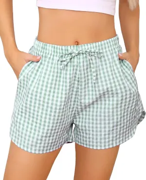Vlazom Women's Sleep Shorts Cute Plaid Pajamas Shorts Soft Elastic Pajama Bottoms Boxer Shorts Sleepwear S-XXL