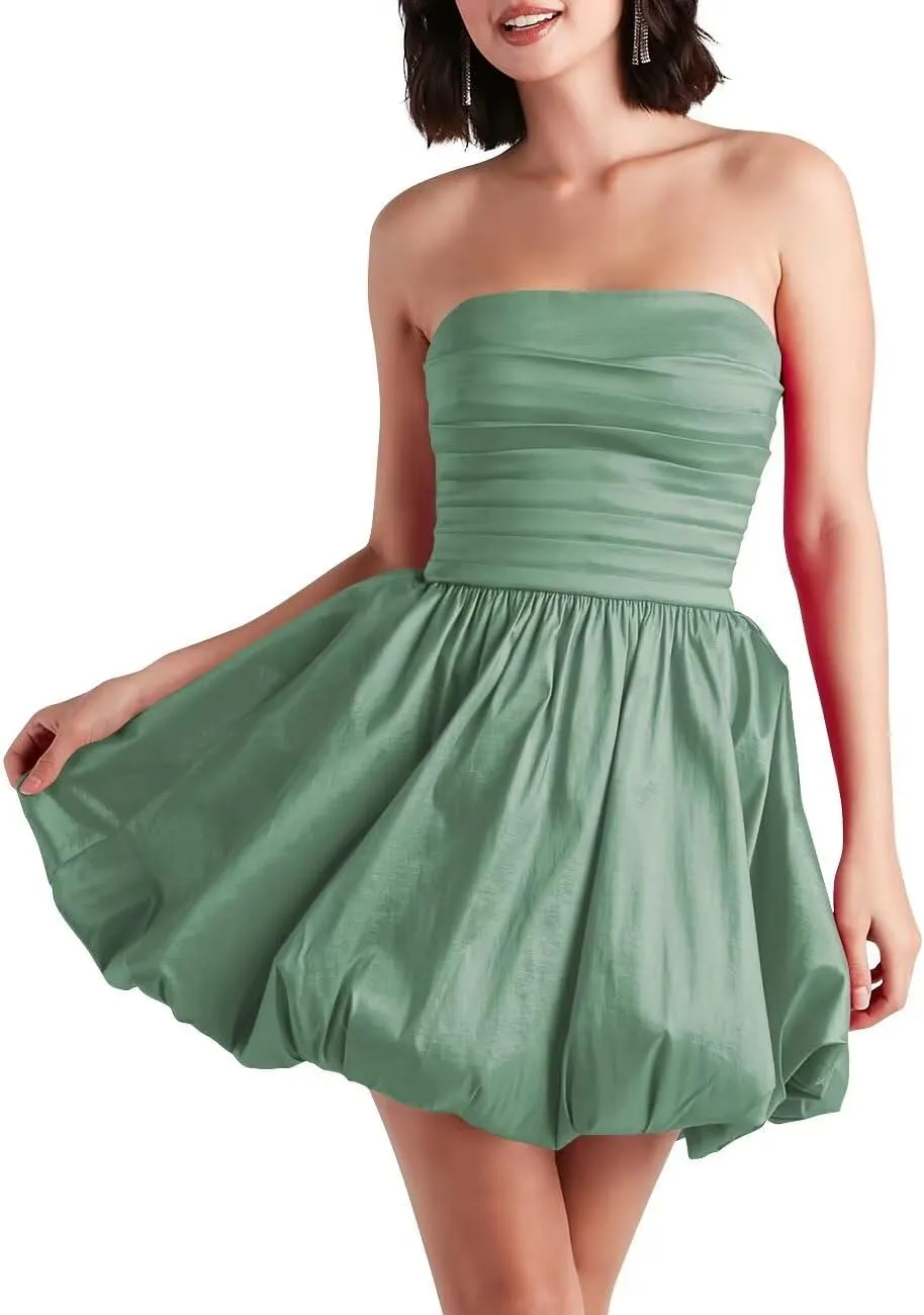 VOfuter Womens Strapless Mini Skater Dresses Satin A Line Homecoming Dress Bubble Hem Pleated High Waist Short Cocktail Dress