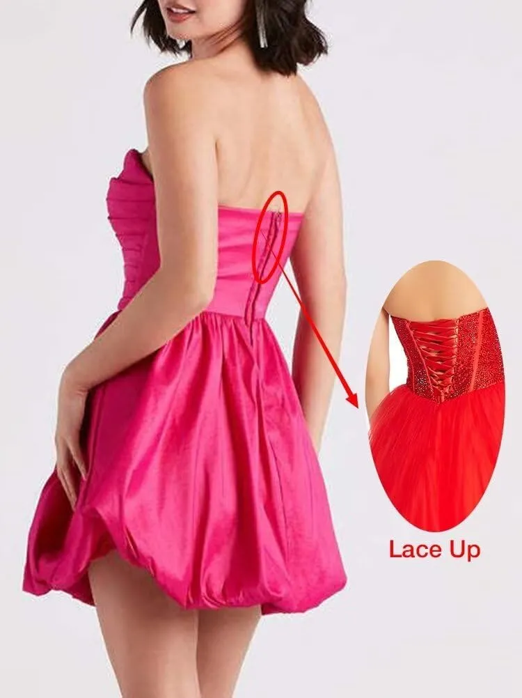 VOfuter Womens Strapless Mini Skater Dresses Satin A Line Homecoming Dress Bubble Hem Pleated High Waist Short Cocktail Dress
