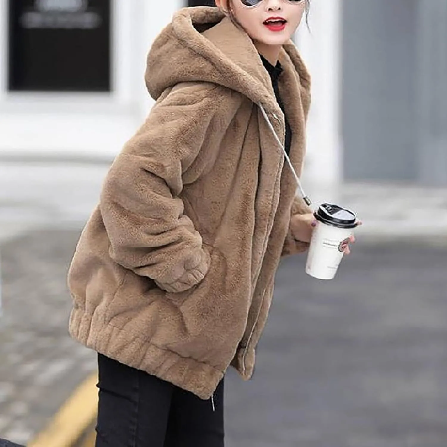 Winter Jackets For Women,Womens Solid Full Zip Up Sherpa Hoodies With Pockets Fuzzy Fleece Oversized Coat