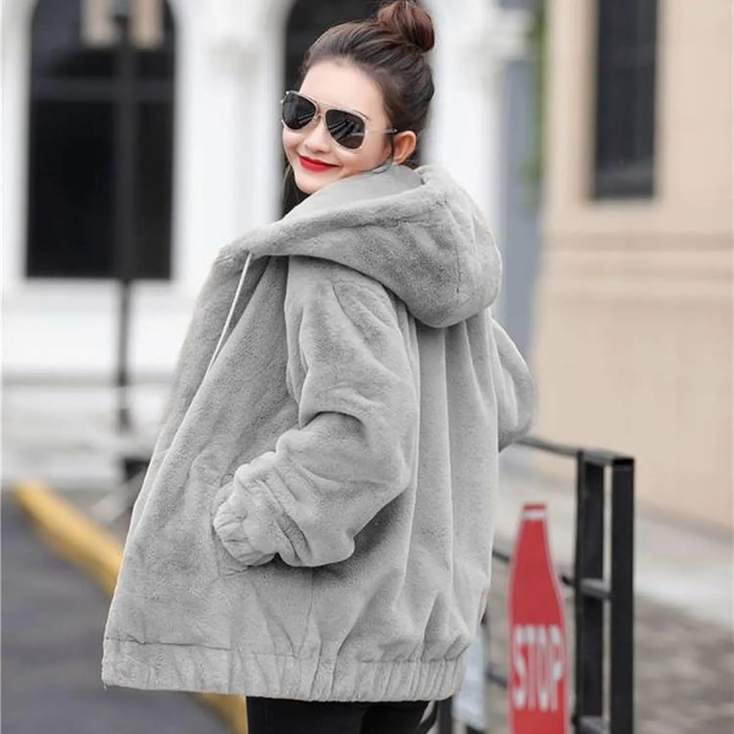 Winter Jackets For Women,Womens Solid Full Zip Up Sherpa Hoodies With Pockets Fuzzy Fleece Oversized Coat