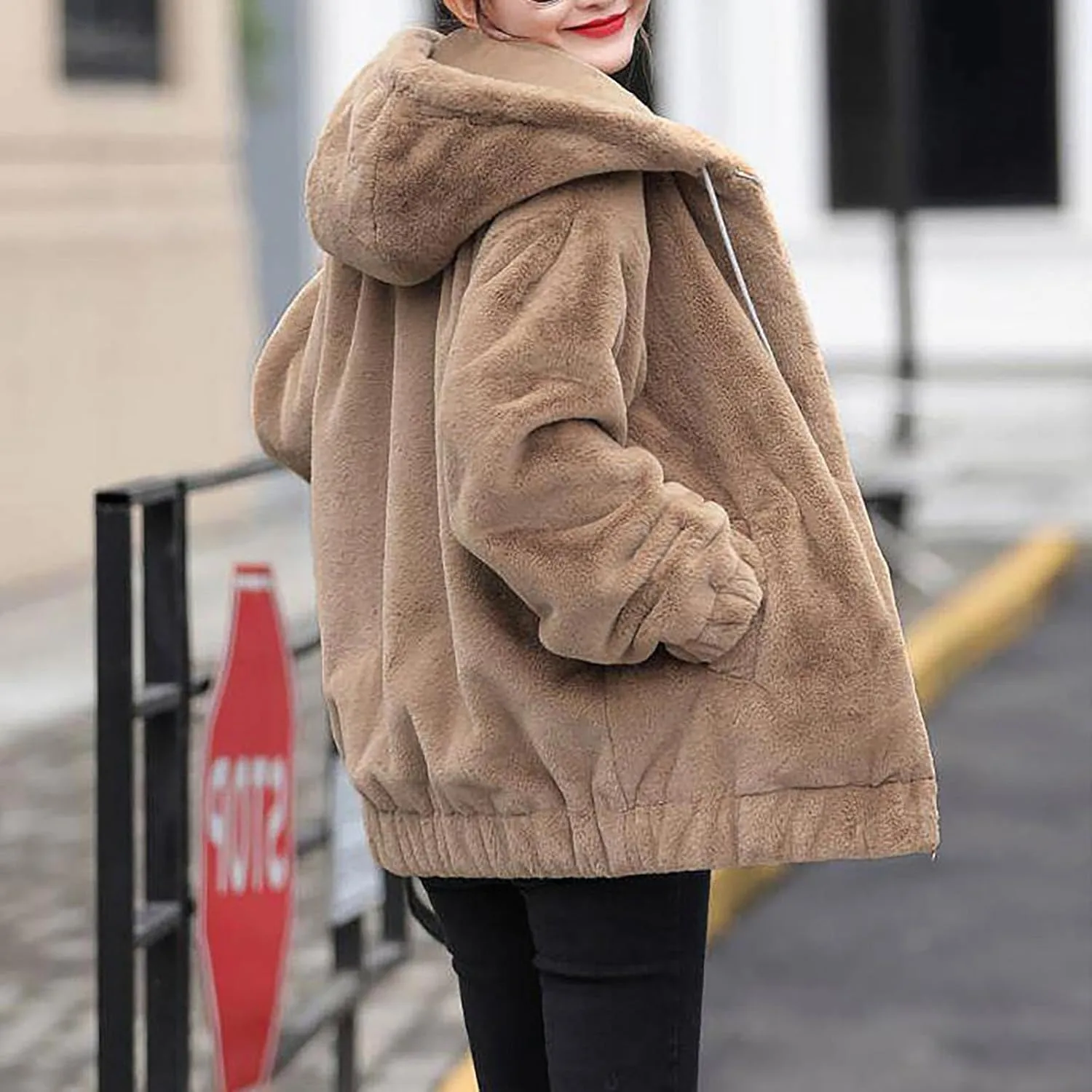 Winter Jackets For Women,Womens Solid Full Zip Up Sherpa Hoodies With Pockets Fuzzy Fleece Oversized Coat