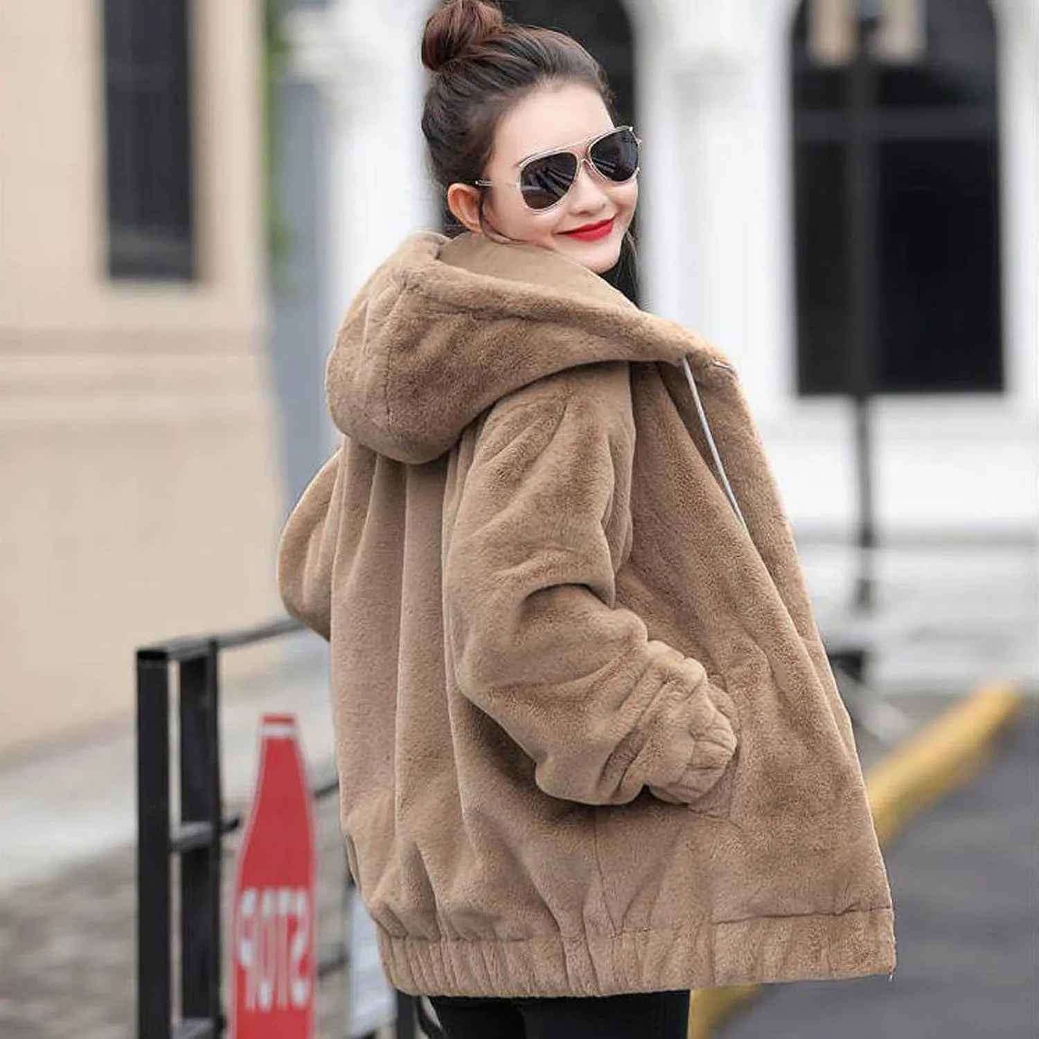 Winter Jackets For Women,Womens Solid Full Zip Up Sherpa Hoodies With Pockets Fuzzy Fleece Oversized Coat
