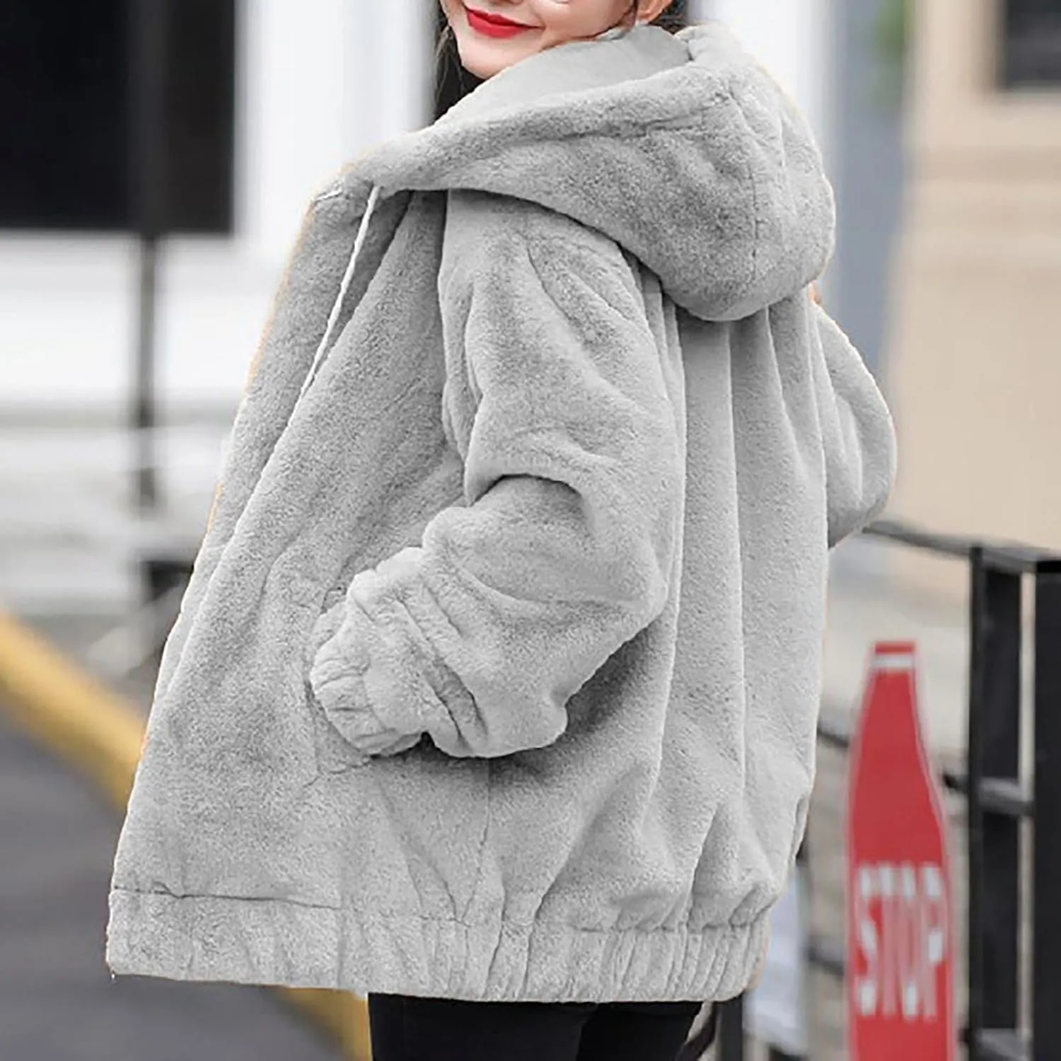 Winter Jackets For Women,Womens Solid Full Zip Up Sherpa Hoodies With Pockets Fuzzy Fleece Oversized Coat