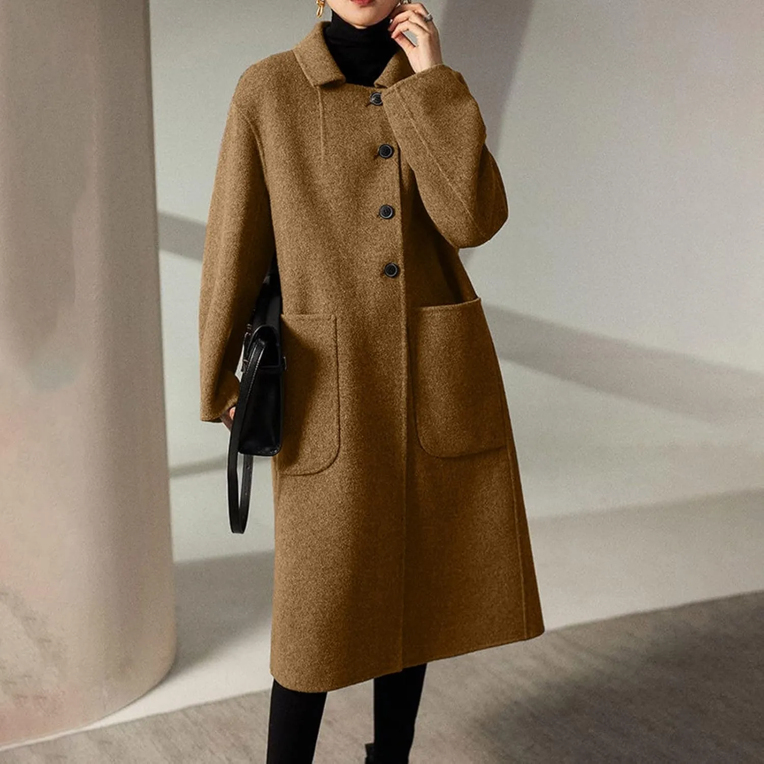 Wkishenl Long Coats for Women Trendy Notched Collar Single Breasted Pea Coat Elegant Work Office Mid Trench Coat with Pockets