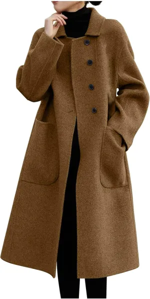 Wkishenl Long Coats for Women Trendy Notched Collar Single Breasted Pea Coat Elegant Work Office Mid Trench Coat with Pockets